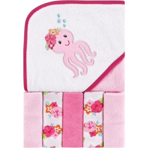 Luvable Friends Unisex Baby Hooded Towel with Five Washcloths, Tropical Octopus, One Size