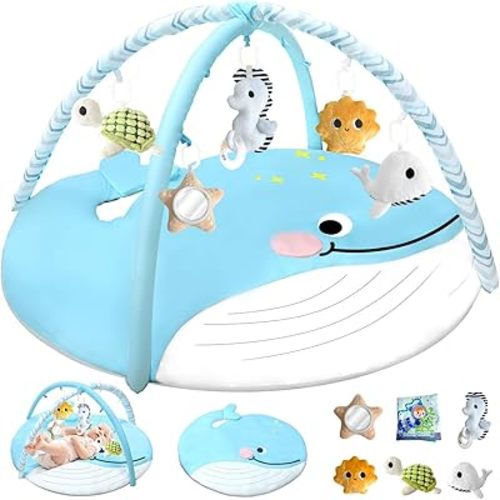 Baby Play Gym Mat, Tummy Time Mat with 6 Detachable Toys,Washable Baby Activity Play Mat for Hearing,Visual, Sensory, Motor Development, Easy to Install & Clean, Baby Essentials Gift