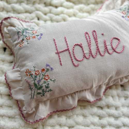 Personalized Name Cushion – Hand Embroidered Pillow – Custom Nursery Decor – Baby Shower Gift – Handmade Keepsake