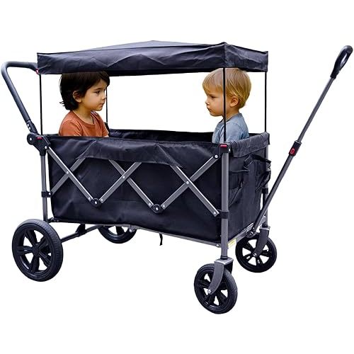 Stroller Wagon for 2 Kids, Foldable Wagon with Removable Canopy, 5-Point Safety Harness, Adjustable Push Pull Handles (12'' All Terrain Wheel, 185L)
