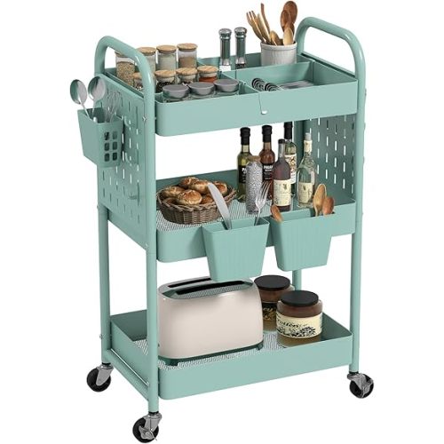 danpinera Rolling Cart, Movable Utility Organizer with Retractable Dividers & Pegboards for Kitchen, Bathroom, Office