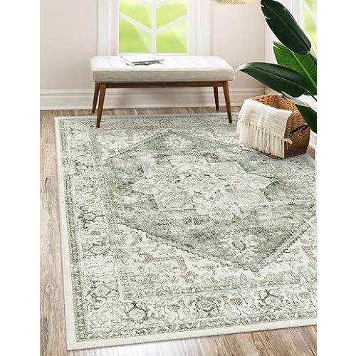 LIVEBOX Washable Area Rug 5x7 - Large Vintage Tribal Living Room Non-Slip Indoor Carpet for Bedroom, Low-Pile Retro Print Distressed Accent for Nursery Entryway Office, Sage
