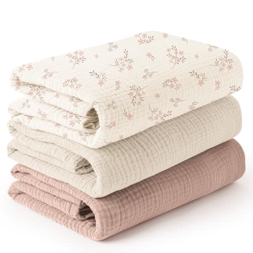 Konssy 3 Pack Muslin Swaddle Blankets for Unisex, Newborn Receiving Blanket, Large 47 x 47 inches, Soft Breathable Muslin Baby Swaddles for Boys & Girls