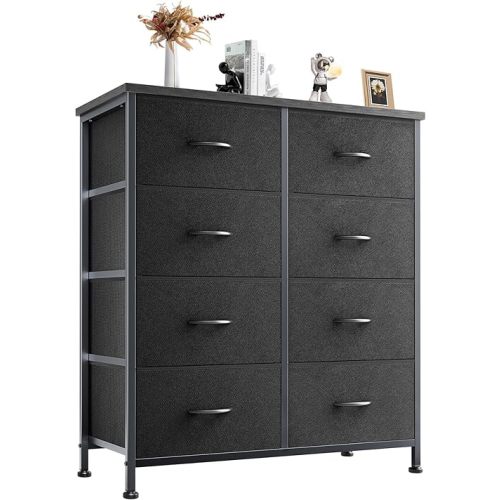 DUMOS Dresser for Bedroom with 8 Fabric Drawers, Tall Chest Organizer Units for Clothing, Closet, Kidsroom, Storage Tower with Cabinet, Metal Frame, Wooden Top, Lightweight Nursery Furniture, Black