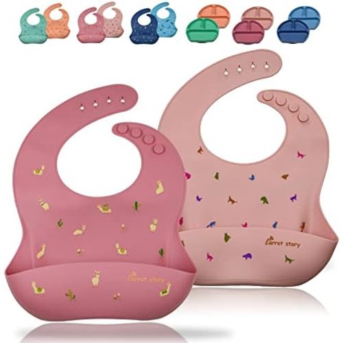 100% Silicone Pocket Baby Toddler Bibs, Waterproof Washable Bibs, BPA Free, Microwave/Dishwasher Safe, Set of 2