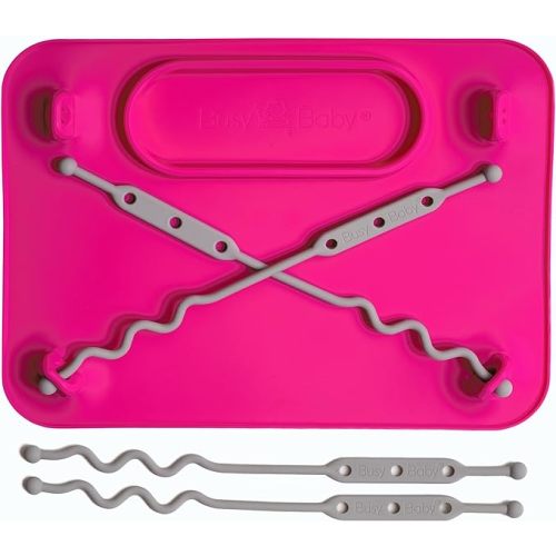 BUSY BABY Silicone Placemat-As Seen On Shark Tank-Built-in Suction Cups-4 Toy Tethers for Babies Toddlers and Kids-Food Grade Silicone-8.5 x 11 in-Comes with Travel Sleeve-Dishwasher Safe-Pink