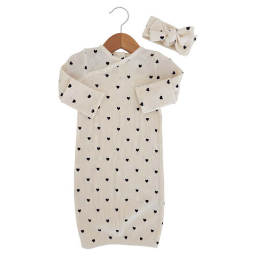 Organic Waffle Gown & Bow Set, Black Heart