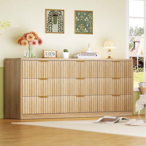63.0''wide Fluted 9 Drawer Dresser For Bedroom, Modern Chest Of Drawers, Wood Closet Clothes Organizer For Bedroom, Hallway, Natural