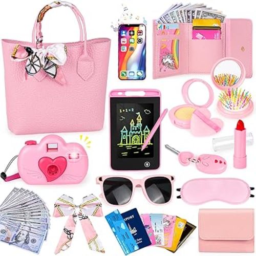 Play Purse for Little Girls, 35PCS Toddler Travel Purse with Handbag, Writing Tablet, Camera, Wallet, Fake Makeup, Girl Toys Includes Phone, Eye Mask, Pretend Play Toys for Girls Ages 3+