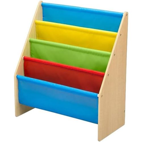 Delta Children Sling Book Rack Bookshelf, 4-Tier Wooden Shelf with Soft Fabric Pockets, Ideal for Playroom, Living Room, Basement, or Bedroom
