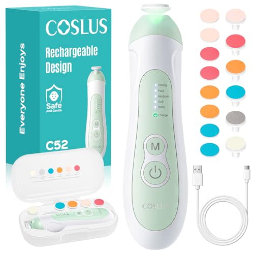 COSLUS C52 Rechargeable Baby Nail File: Cordless Baby Nail Trimmer Electric with 5 Speeds & 6 Grinding Heads for Baby Kid, CPC Certified and Quiet Design - Safe for Sleep Trim Buffer, Green