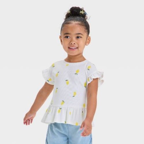 Toddler Girls' Ribbed Top - Cat & Jack™ Cream 4T: Lemon Pattern, Ruffle Sleeve, Peplum Style