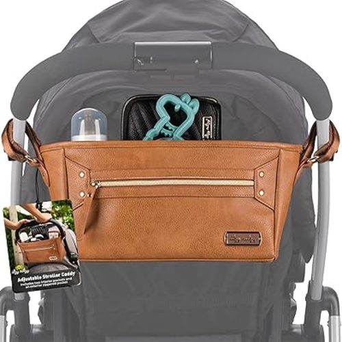 Itzy Ritzy Adjustable Stroller Caddy/Organizer - Stroller Organizer Bag Featuring Front Zippered Pocket, 2 Built-in Interior Pockets & Adjustable Straps to Fit Nearly Any Stroller (Cognac)