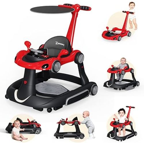 6 in 1 Foldable Baby Walker, Activity Baby Walker-Baby Bouncer, Rocker, Activity Center,Push Walker,Detachable Trampoline Mat, Adjustable Speed Rear Wheels and Height,Music & Lights,Ages 6-18 Months