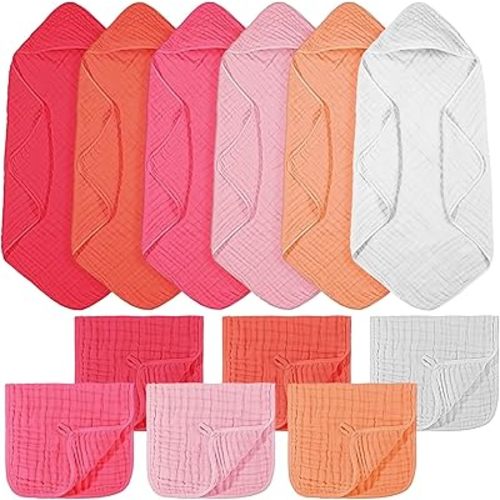 VitalCozy 12 Pcs Baby Muslin Hooded Bath Towels and Washcloths, Muslin Hooded Baby Towels Absorbent Blankets for Gift Newborn Infant Shower (Vibrant Colors,35 x 35 Inch)