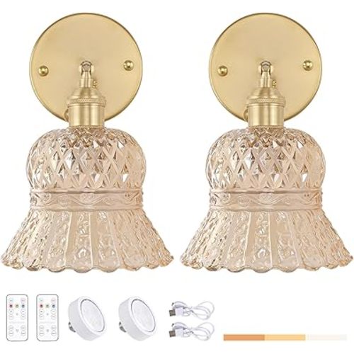Vintage Battery Operated Wall Sconces Set of Two, Rechargeable Battery Powered Wall Sconce with Remote Control, Wireless Dimmable LED Light for Bedside Indoor Living Room (Amber Pineapple)