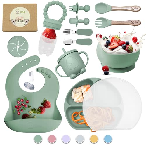 O'doe 17-Piece BPA-Free Silicone Baby Feeding Set | Thick & Soft Suction Plates, Baby Bowls, Wooden Fork & Spoon, and More | Make Mealtime Fun and Easy for Your Little One (Green, V2)