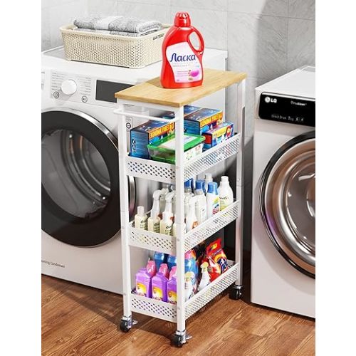 Utility Slim Storage Cart, 4-Tier Narrow Kitchen Laundry Room Organization and Storage Cart with Wood Top, Metal Narrow Bathroom Storage Cabinet, Slim Rolling Carts with Wheels for Small Space