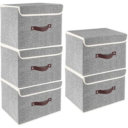 TYEERS Foldable Storage Boxes with Lids 5 Pack Fabric Storage Bins with Lids, Closet Organizers for Clothes Storage, Room Organization, Office Storage, Toys - Gray