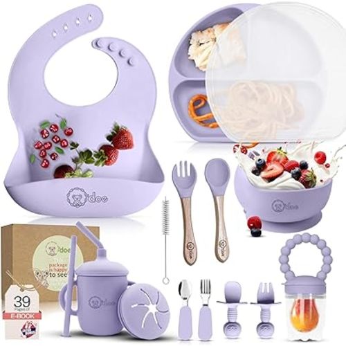 O'doe 17-Piece BPA-Free Silicone Baby Feeding Set | Thick & Soft Suction Plates, Baby Bowls, Wooden Fork & Spoon, and More | Make Mealtime Fun and Easy for Your Little One (Purple, V2)