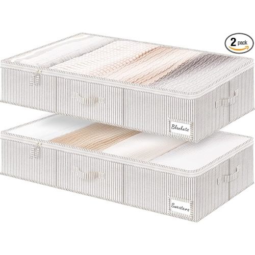 StorageWorks Underbed Storage Bins, Under Bed Storage Containers with Zippers, Closet Organizer for Clothes, Blankets, Gray and White Stripes, Jumbo, 2 Pack