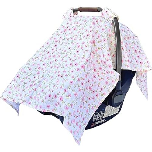 MOZAH 100% Organic Muslin Baby Car Seat Cover Muslin Carseat Canopy Baby Car Seat Covers for Girls (Pink Floral Leaves)