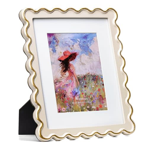 8x10 Picture Frame in Beige with Shinning Gold Wavy Edge, Resin Frame with Real Glass, Display 8x10 Photos Matted to 5x7, Vertical and Horizontal Desk Tabletop or Wall Hanging
