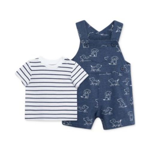 Baby Boys Cotton Striped T-Shirt & Puppy Shortall, 2 Piece Set