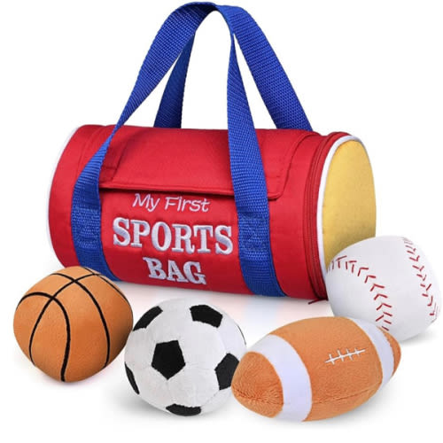 KMUYSL Baby Toys 0-12 Months, My First Sports Bag Plush Toy - 4 Sensory Balls Soft Toys with Crinkle, Rattles for 0-3-6-9-12 Month Newborn Infant, 1st Birthday for Babies Boys Girls Age 1