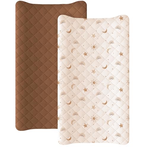 Konssy Waterproof Muslin Changing Pad Cover 2 Pack, Quilted Cotton Fitted Diaper Changing Table Cover, Soft Changing Pad Sheets for Girls Boys (Sunbeam Yellow,Coffice)