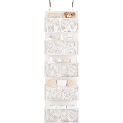 Dahey Over The Door Organizer Macrame Boho Nursery Storage Decor with 5 Large Woven Pockets Closet Behind Hanging Organizer for Bedroom Nursery Bathroom Apartments Dorm Pantry Decoration,White