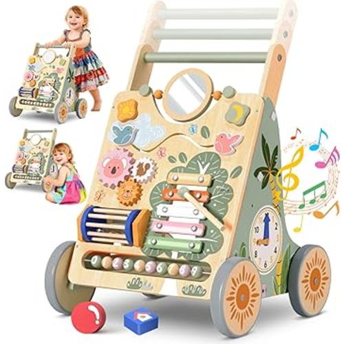 Wooden Baby Walker with Wheels, Speed & Height Adjustable, Baby Push Walker for 6-12 18 Months Boys Girls, Montessori Walker Toy for 1 Year Old Kids, Learning to Walk & Sit-to-Stand Activity Center