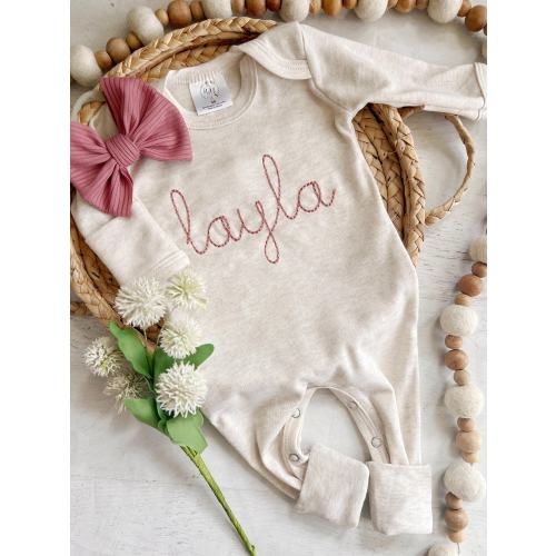 Personalized oatmeal and dusty rose romper with bow or turban, gift for baby girl, custom girl coming home outfit, baby shower gift