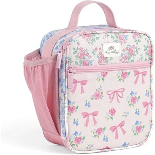 Itzy Ritzy Toddler Lunch Box - Kids Lunch Bag is Insulated and Includes Water Bottle Holder Plus 2 Pockets - Durable, Easy to Clean Lunch Box Toddler Bag (Ribbons & Roses)