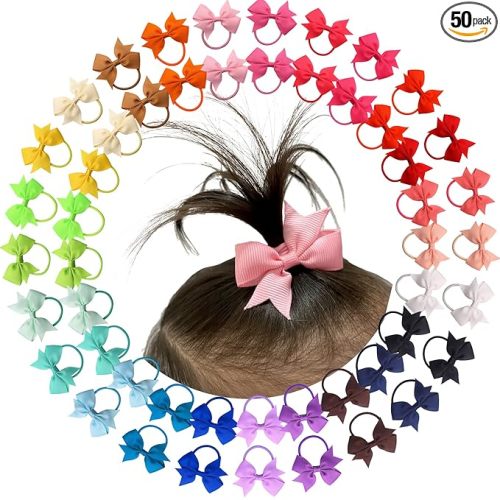 Baby Hair Ties with Bows,50pcs 2inch Baby Hair Bows Durable Rubber Bands Ponytail Holders Toddler Essential Hair Accessories for Infants Baby Girls in Pairs