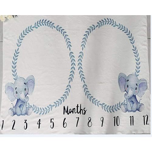 Baby Monthly Milestone Blanket Twins Neutral Blue Elephant Newborn Nursery Decor Photo Props Shoots Photography Growing Toddlers Soft Fleece Swaddle Blanket with Wreath Frames