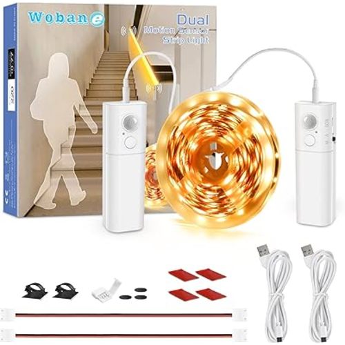 WOBANE Dual Motion Sensor Under Bed Lights,Rechargeable 16.4ft LED Light Strip,Battery Powered Tape Light for Shelves,Cabinet,Anywhere,PIR Detector,Cuttable,Flexible,2700K Warm White