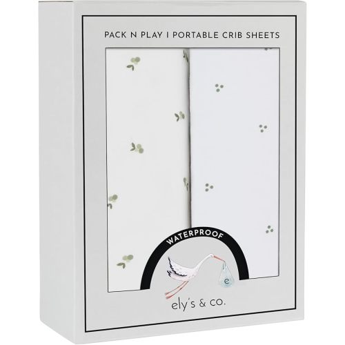 Ely's & Co. Patent Pending Waterproof Pack and Play Sheets, 100% Cotton with Waterproof Lining – 2 Pack Fitted Mini Crib Sheet Set, Berry and Cluster Dot (Sage) 38” x 24”