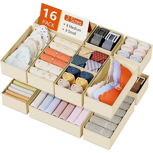 DIMJ Drawer Organizer Clothes Storage - 16 Pack Baby Dresser Organizer for Nursery, Foldable Drawer Dividers for Bedroom Closet Organization, Fabric Storage Bins for Socks, Underwears, Bras