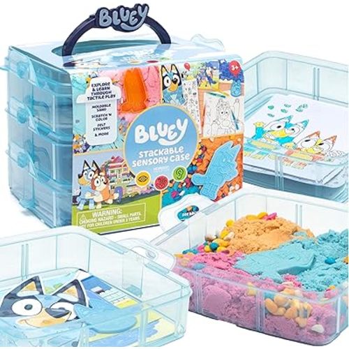 Bluey Stackable Sensory Case - Reusable Bin With Stickers, Play Sand Bags, Coloring Activities, Toys for Toddlers 1-3, Sensory Toys, Medium