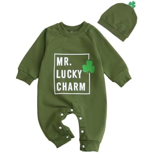 Coyciu Newborn Baby Boy St. Patricks Day Outfit Mr Lucky Charm Jumpsuit Romper Clovers Hat Infant Boys St Patrick Clothes
