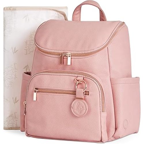Hannah & Sophia Ready to Roam 3-Piece Diaper Backpack Set with Changing Pad & AirTag Keychain, Lightweight Travel Baby Bag, Rose Pink