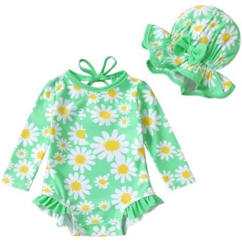 YOUNGER TREE Infant Baby Girls Swimsuit Long Sleeve Swimsuits One Piece Swimsuit Solid Color Bathing Suit with Hat, UPF 50+