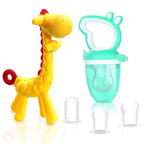 SHARE&CARE Baby Teething Toys for Girls and Natural Organic Fruit Feeder Pacifier/Baby Teether Chew Toys Fresh Food Feeder/ 1 Teethers and 1 Feeder with 3 Silicone Sacs (Yellow)