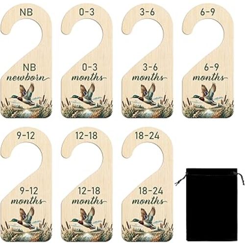 R HORSE Wooden Baby Closet Dividers - 8Pcs Mallard Duck Baby Closet Organizer Double-Sided Newborn Clothes Size Hanger Dividers Nursery Decor Birthday Gift for Boy Girl (0-24 Months)