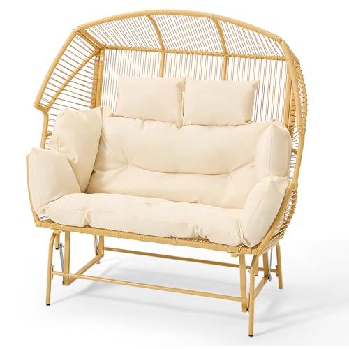 ECOTOUGE Patio Double Egg Chair, Indoor Outdoor Oversized Loveseat, 2 Person Extra Large Wicker Lounge Rocking Glider Chairs w/Thicken Padded Cushions and Pillow for Garden Balcony Sunroom, Yellow