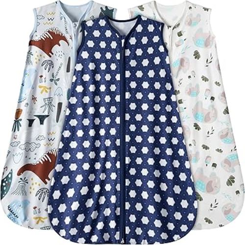 Baby Sleep Sack 6-12 Months 3 Pack Baby Wearable Blanket 100% Rayon Cotton 2-Way Zipper Toddler Sleeping Sack .Comfy Soft Lightweight TOG 0.3 (Elephant&Dinosaur&Hexagon,)