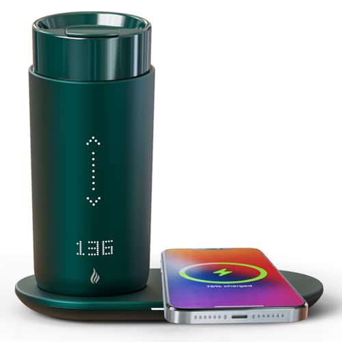 OTKAX Temperature Control Heated Coffee Mug Smart Self Heating Travel Mug 12 Oz App Controlled Warmer Mug 5 Hour LED Display Keep Coffee Hot All Day up to 149℉ Fast Wireless Charger Base Blue2.0