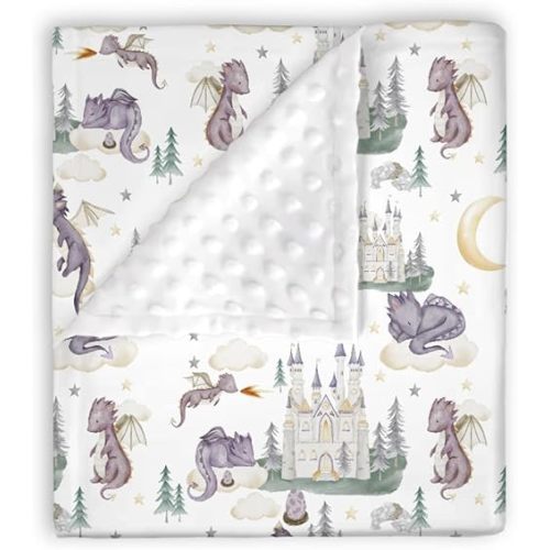 Mink Baby Boy Girl Blanket Cute Purple Dragon Fairy Tale, Castle Moon Cloud Star Soft Plush Double Layer Dotted Backing Receiving Swaddle, Newborn Infant Toddler Nursery Crib Bedding 30 x 40