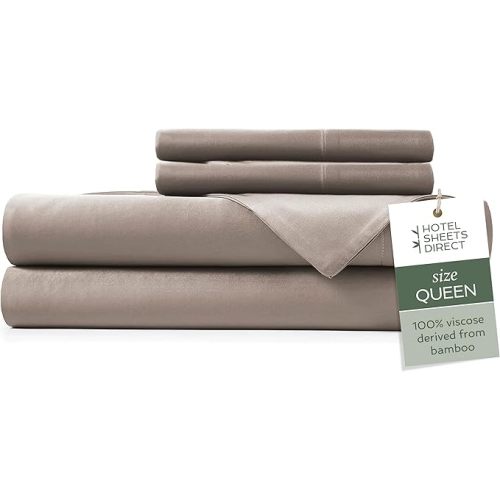 Hotel Sheets Direct 4 Piece Bed Sheet Set Queen Size, 100% Viscose Derived from Bamboo Sheets Set with 2 Pillowcases, Cooling & Breathable Luxury Bedding, Moisture-Wicking & Silky Soft Texture, Sand